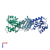 PDB entry 3luh coloured by chain, top view.