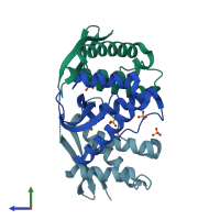 PDB entry 3lui coloured by chain, side view.