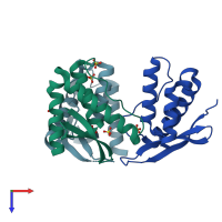 PDB entry 3lui coloured by chain, top view.