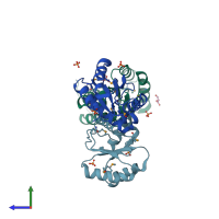 PDB entry 3luk coloured by chain, side view.