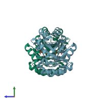 PDB entry 3lv5 coloured by chain, side view.