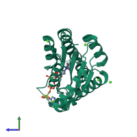 PDB entry 3lv8 coloured by chain, side view.