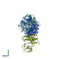 PDB entry 3lvp coloured by chain, side view.