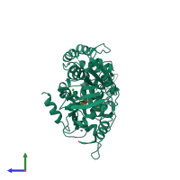 PDB entry 3lvr coloured by chain, side view.