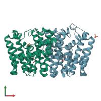 PDB entry 3lvs coloured by chain, front view.