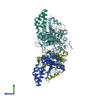 PDB entry 3lvu coloured by chain, side view.