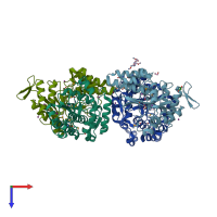PDB entry 3lvu coloured by chain, top view.