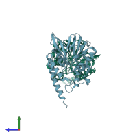 PDB entry 3lvz coloured by chain, side view.