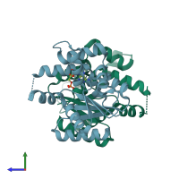 PDB entry 3lw7 coloured by chain, side view.