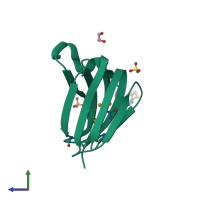 PDB entry 3lwc coloured by chain, side view.