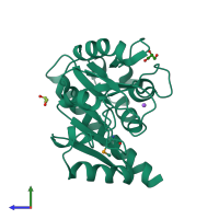 PDB entry 3lwd coloured by chain, side view.