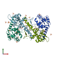 PDB entry 3lwf coloured by chain, front view.