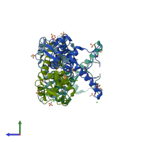 PDB entry 3lwf coloured by chain, side view.