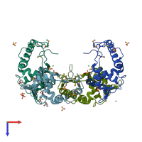 PDB entry 3lwf coloured by chain, top view.