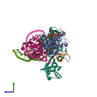 PDB entry 3lwr coloured by chain, side view.