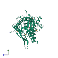 PDB entry 3lwu coloured by chain, side view.