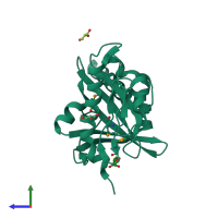 PDB entry 3lwx coloured by chain, side view.