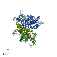 PDB entry 3lxj coloured by chain, side view.