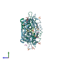 PDB entry 3lxs coloured by chain, side view.