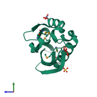 PDB entry 3lyg coloured by chain, side view.