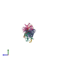 PDB entry 3lzf coloured by chain, side view.