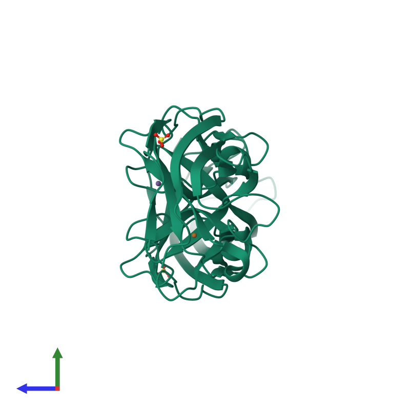 <div class='caption-body'><ul class ='image_legend_ul'>The deposited structure of PDB entry 3lzr coloured by chemically distinct molecules and viewed from the side. The entry contains: <li class ='image_legend_li'>2 copies of P19 protein</li><li class ='image_legend_li'>[]<ul class ='image_legend_ul'><li class ='image_legend_li'>2 copies of COPPER (II) ION</li> <li class ='image_legend_li'>2 copies of MANGANESE (II) ION</li> <li class ='image_legend_li'>2 copies of SULFATE ION</li></ul></li></div>