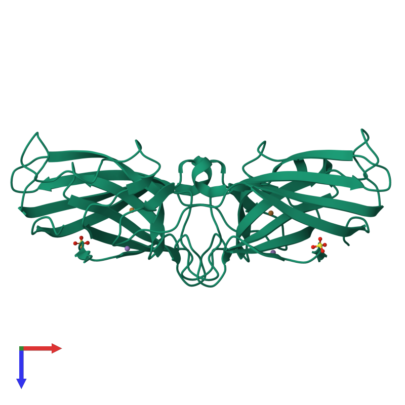 <div class='caption-body'><ul class ='image_legend_ul'>The deposited structure of PDB entry 3lzr coloured by chemically distinct molecules and viewed from the top. The entry contains: <li class ='image_legend_li'>2 copies of P19 protein</li><li class ='image_legend_li'>[]<ul class ='image_legend_ul'><li class ='image_legend_li'>2 copies of COPPER (II) ION</li> <li class ='image_legend_li'>2 copies of MANGANESE (II) ION</li> <li class ='image_legend_li'>2 copies of SULFATE ION</li></ul></li></div>