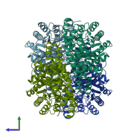 PDB entry 3m0v coloured by chain, side view.
