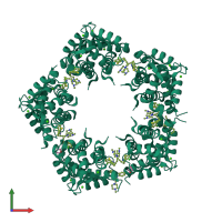 Homo decameric assembly 1 of PDB entry 3m0w coloured by chemically distinct molecules, front view.