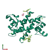 Homo dimeric assembly 2 of PDB entry 3m0w coloured by chemically distinct molecules, front view.