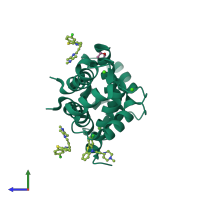 Homo dimeric assembly 2 of PDB entry 3m0w coloured by chemically distinct molecules, side view.