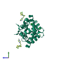 Homo dimeric assembly 4 of PDB entry 3m0w coloured by chemically distinct molecules, side view.