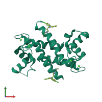 Homo dimeric assembly 5 of PDB entry 3m0w coloured by chemically distinct molecules, front view.