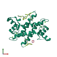 Homo dimeric assembly 6 of PDB entry 3m0w coloured by chemically distinct molecules, front view.