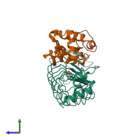 PDB entry 3m18 coloured by chain, side view.