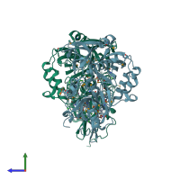 PDB entry 3m1u coloured by chain, side view.