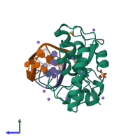PDB entry 3m7k coloured by chain, side view.