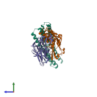 PDB entry 3ma9 coloured by chain, side view.