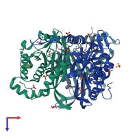 PDB entry 3mae coloured by chain, top view.