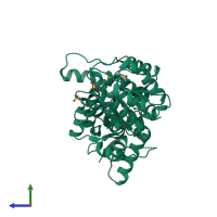 PDB entry 3maj coloured by chain, side view.