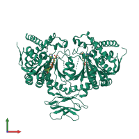 Homo dimeric assembly 1 of PDB entry 3mar coloured by chemically distinct molecules, front view.