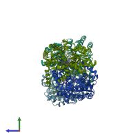 PDB entry 3mau coloured by chain, side view.