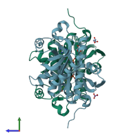 PDB entry 3mb8 coloured by chain, side view.