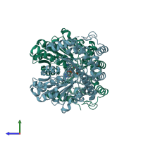 PDB entry 3mbb coloured by chain, side view.