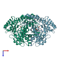 PDB entry 3mbb coloured by chain, top view.