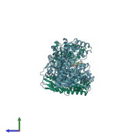 PDB entry 3mbc coloured by chain, side view.