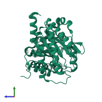 PDB entry 3mbd coloured by chain, side view.