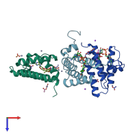 PDB entry 3mbg coloured by chain, top view.