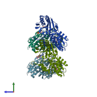 PDB entry 3mbi coloured by chain, side view.