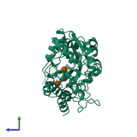 PDB entry 3mbp coloured by chain, side view.